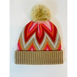 Mark & Graham Tan Pink Red White Pompom Beanie Wool Blend Winter Hat Snow Ski